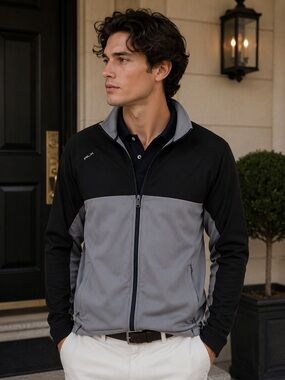 RLX Ralph Lauren Full Zip Performance Sweater Black Gray Men Large Golf Casual